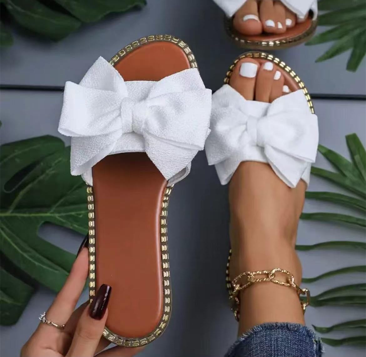 Women's Bow Knot Slides Open Toe Flat Sandals Summer Slip On Slippers - Image 2