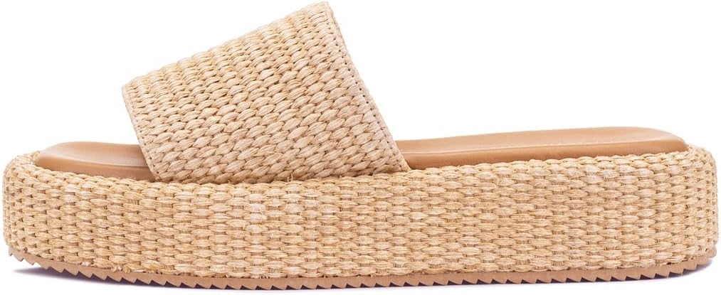 Women Raffia Espadrille Platform Slides, Woven Straw Flatform Beach Sandals, Slip On Summer Vacation Shoes