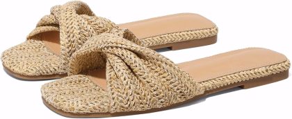 Straw Woven Raffia Flat Sandals for Women, Braided Twist Slip On Slides – Summer Open Toe Beach Comfort Dressy