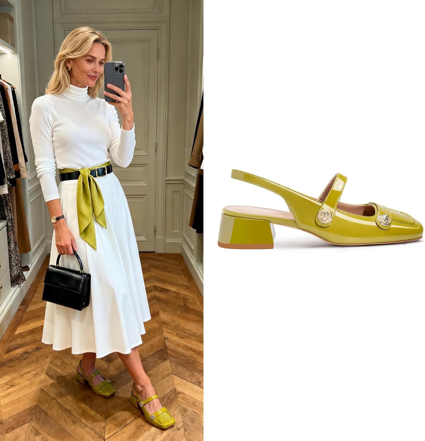 Women's Slingback Mary Jane Heels, Low Block Heel, Closed Square Toe Pump Shoes - Image 2