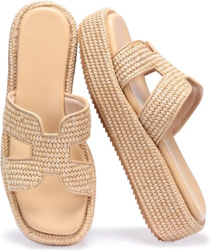 Women's Raffia Platform Sandals β Slip-On Espadrille Wedge Slides, Woven Straw Summer Beach Shoes