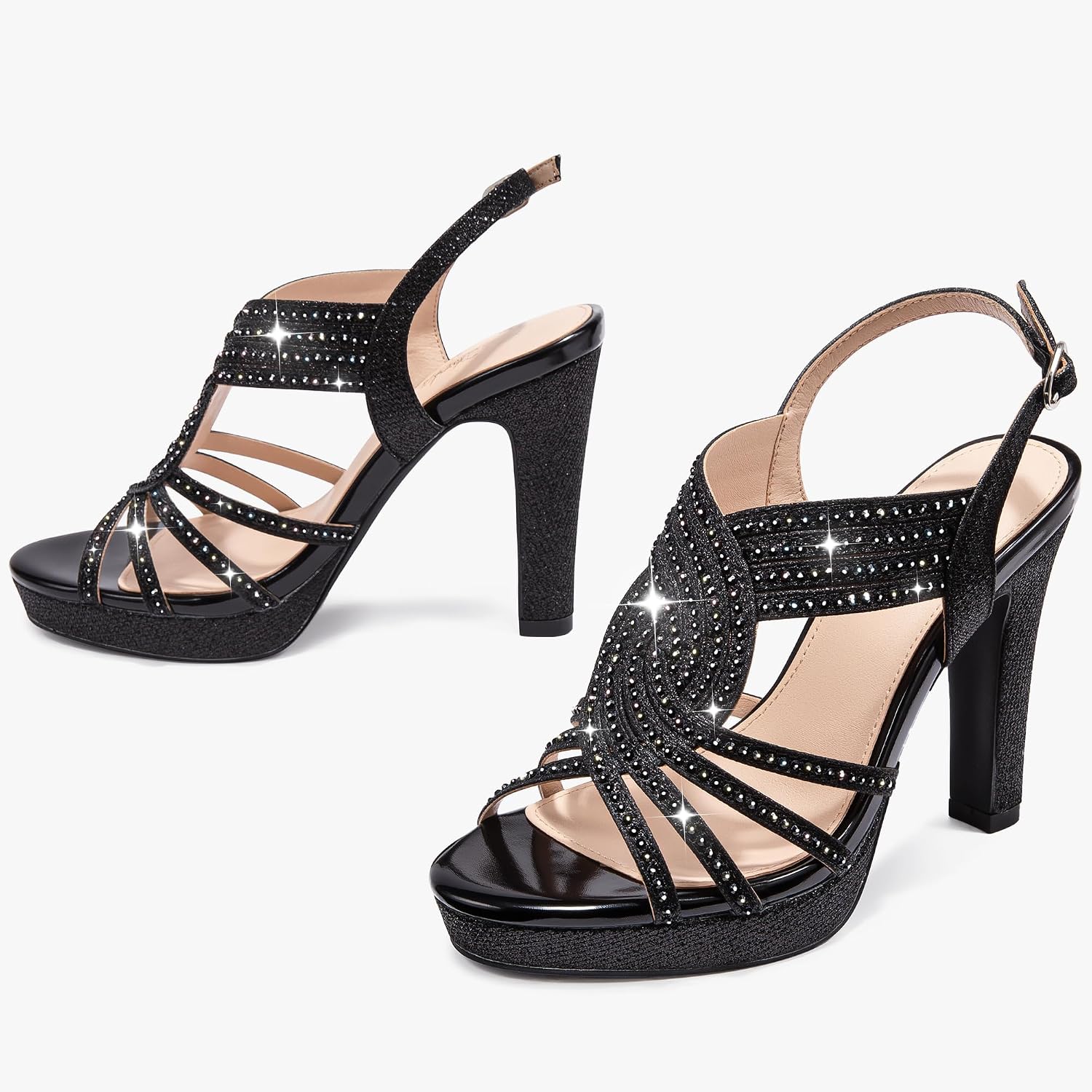 Women's Sparkly Chunky High Heel Sandals Open Toe Ankle Strap Party Wedding - Image 4