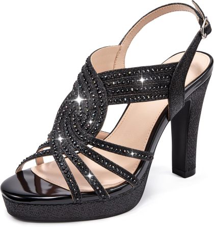 Women's Sparkly Chunky High Heel Sandals Open Toe Ankle Strap Party Wedding