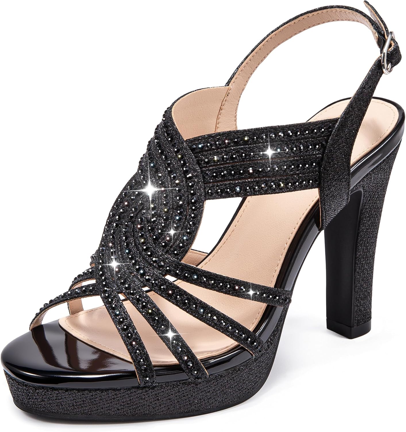 Women's Sparkly Chunky High Heel Sandals Open Toe Ankle Strap Party Wedding