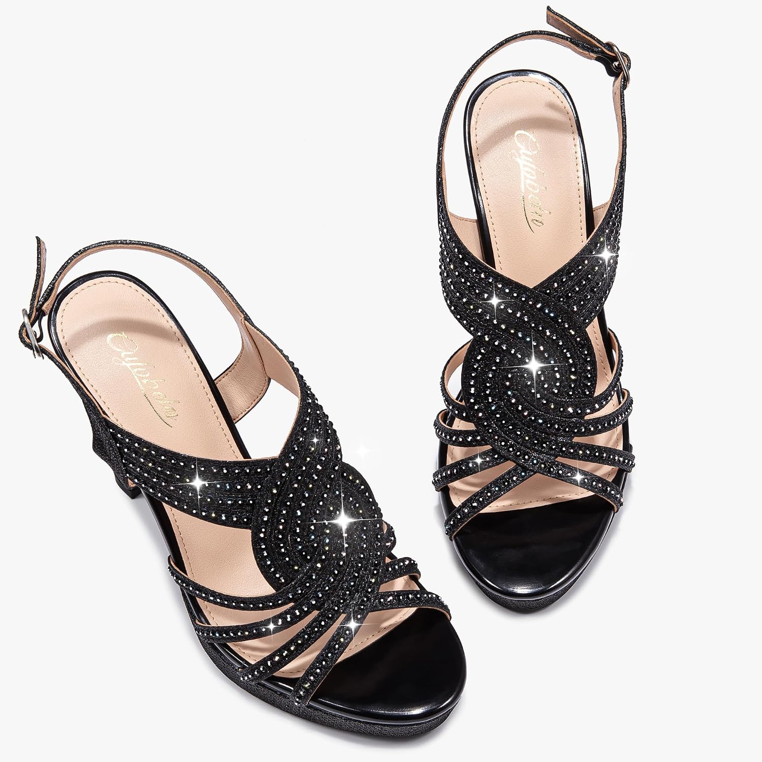 Women's Sparkly Chunky High Heel Sandals Open Toe Ankle Strap Party Wedding - Image 7